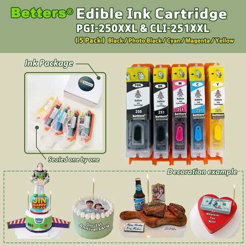 Betters® Edible Ink Cartridges for Canon PGI-250XXL CLI-251XXL – Food-Safe Cake & Cookie, cupcake Ink