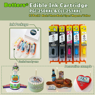 Betters® Edible Ink Cartridges for Canon PGI-250XXL CLI-251XXL – Food-Safe Cake & Cookie, cupcake Ink