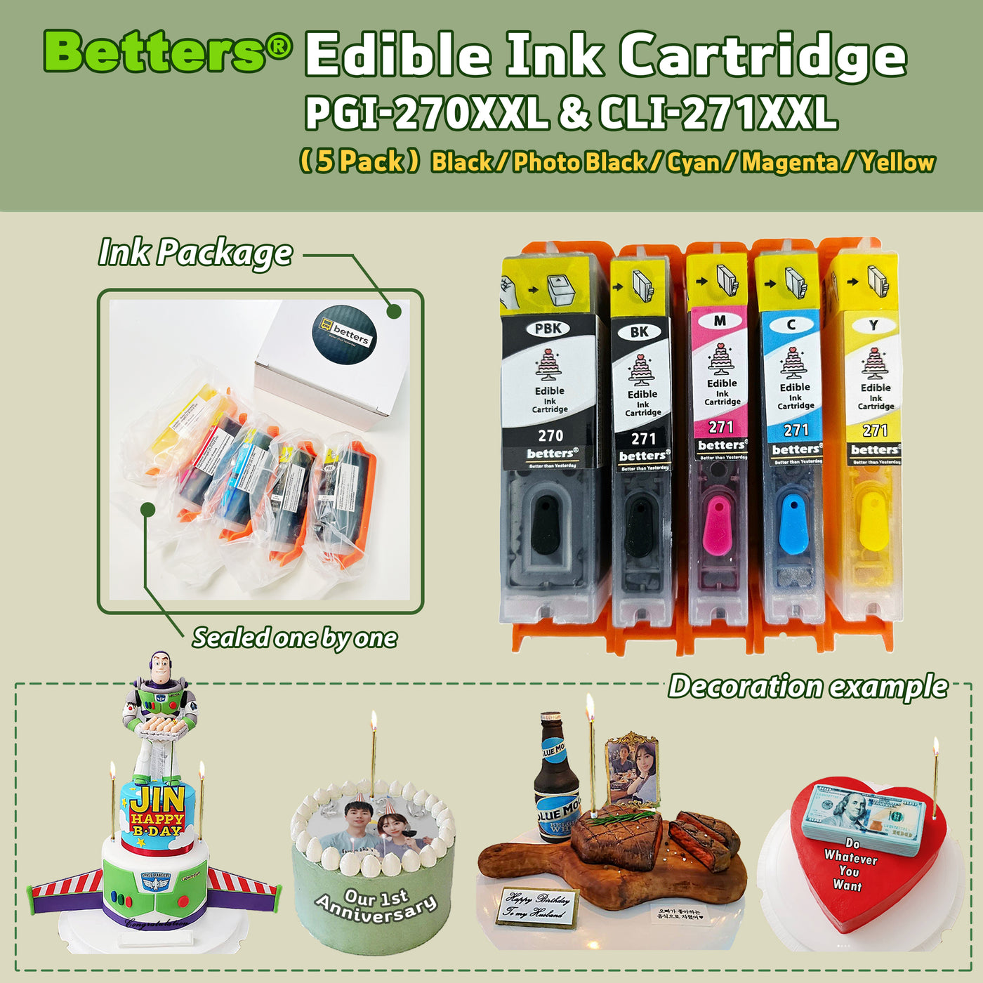 Betters® Edible Ink Cartridges for Canon PGI-270XXL CLI-271XXL – Food-Safe Cake & Cookie, cupcake Ink