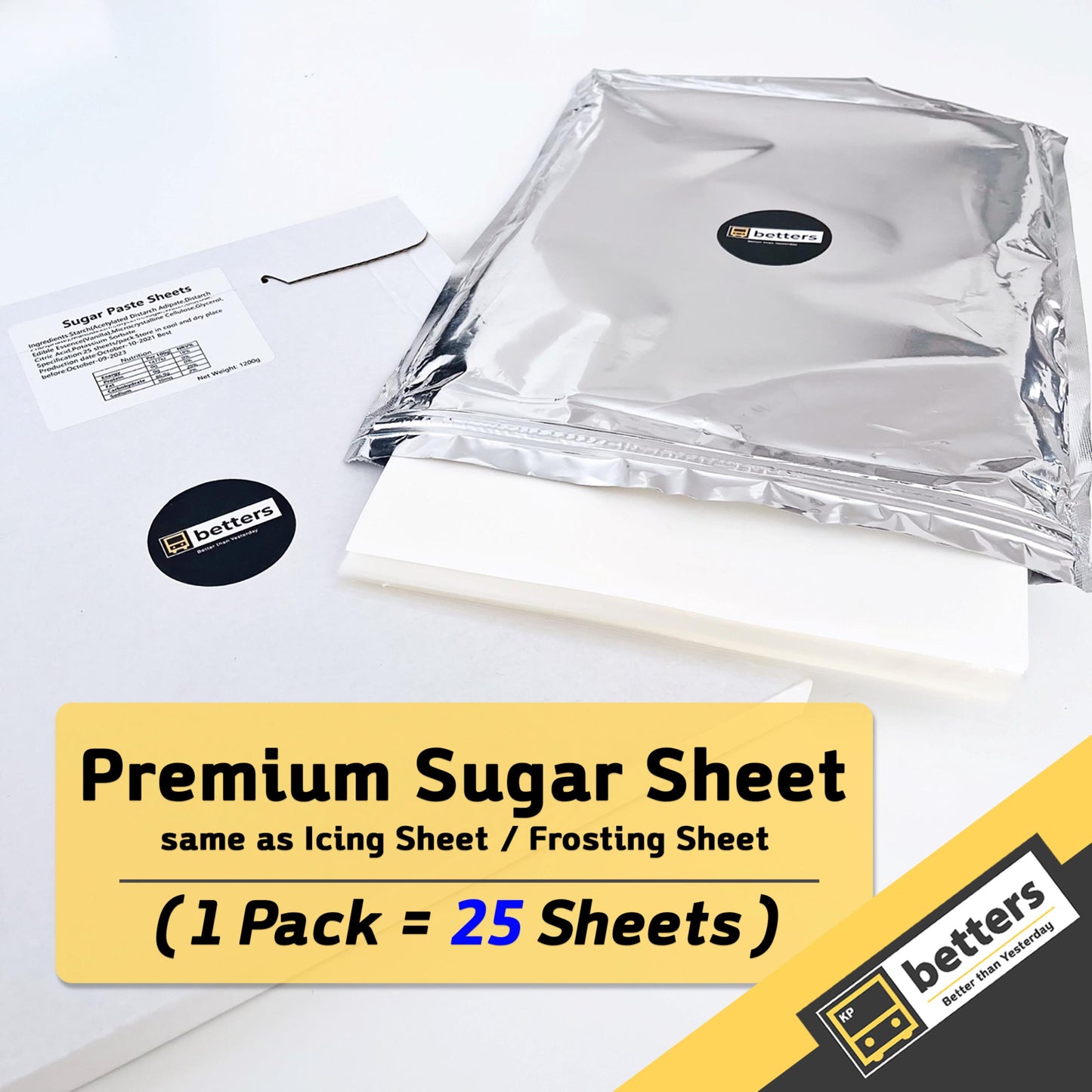Packaging of Premium Sugar Sheet icing for baking, showing a box and a resealable bag with a white edible sheet partially visible.