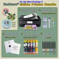 An edible printer bundle including a Canon printer, edible ink cartridges, a cleaning kit, and tools for cake decoration, alongside edible sugar sheets and food coloring pens.