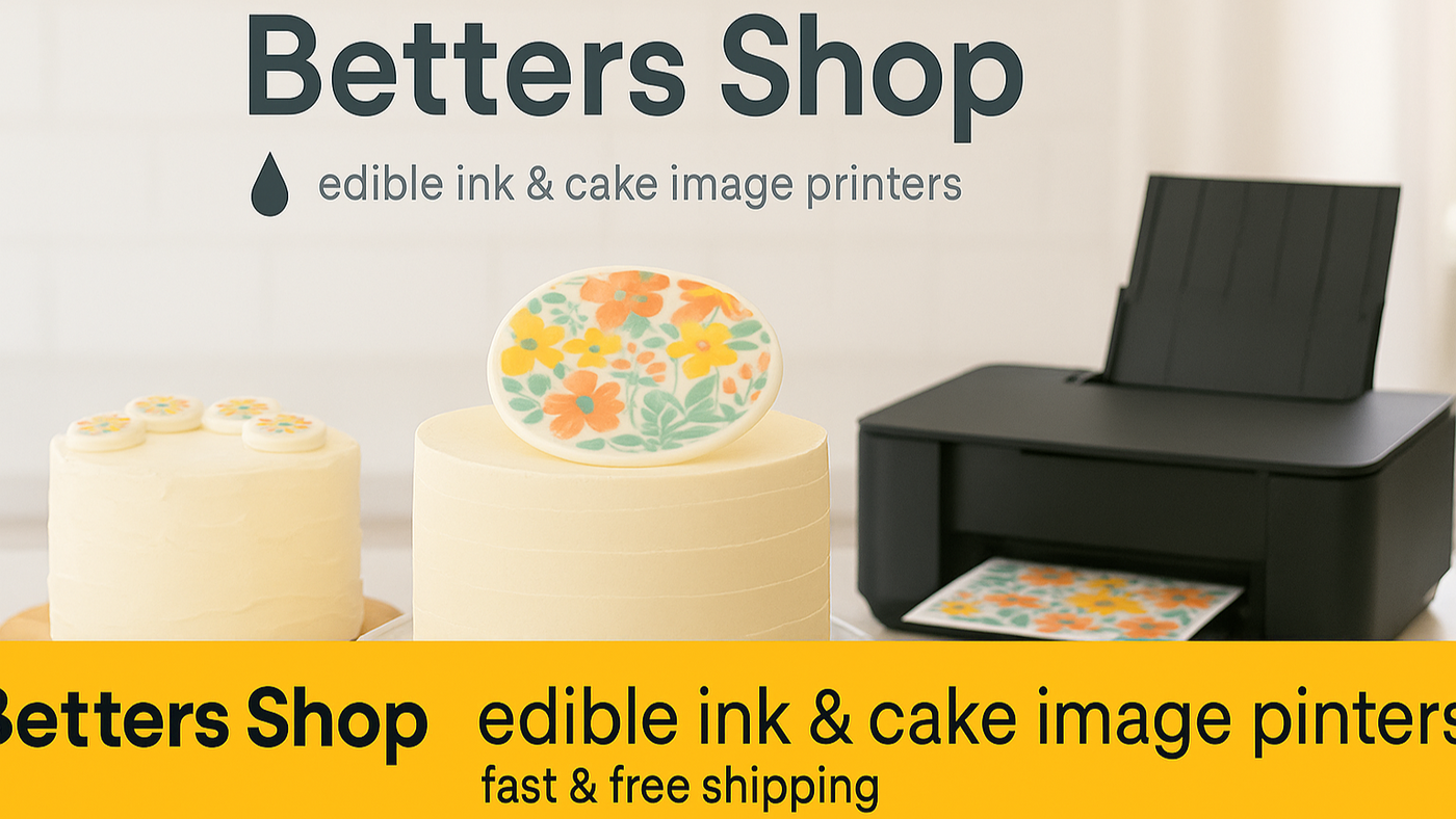Edible ink and cake image printers with cakes and a printer on a white background, featuring 'Betters Shop' branding.