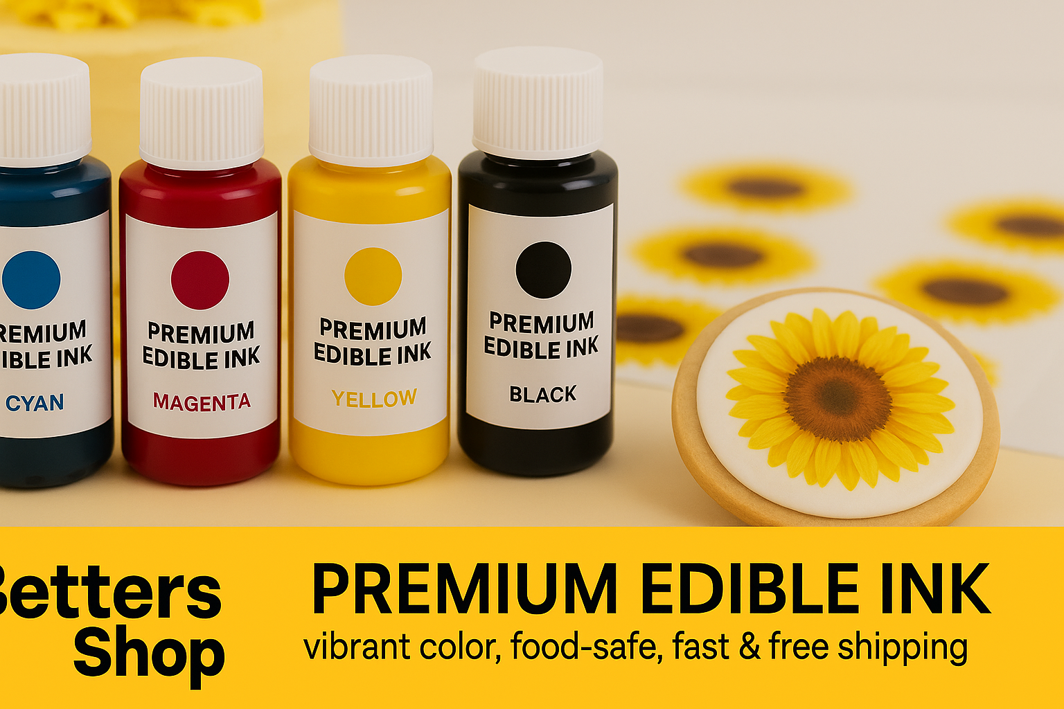 Four bottles of premium edible ink with a sunflower cookie in the background, featuring the Better's Shop brand.