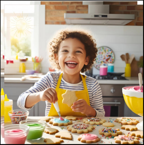 Child in yellow apron decorating sugar cookies with icing and sprinkles using edible food markers for baking