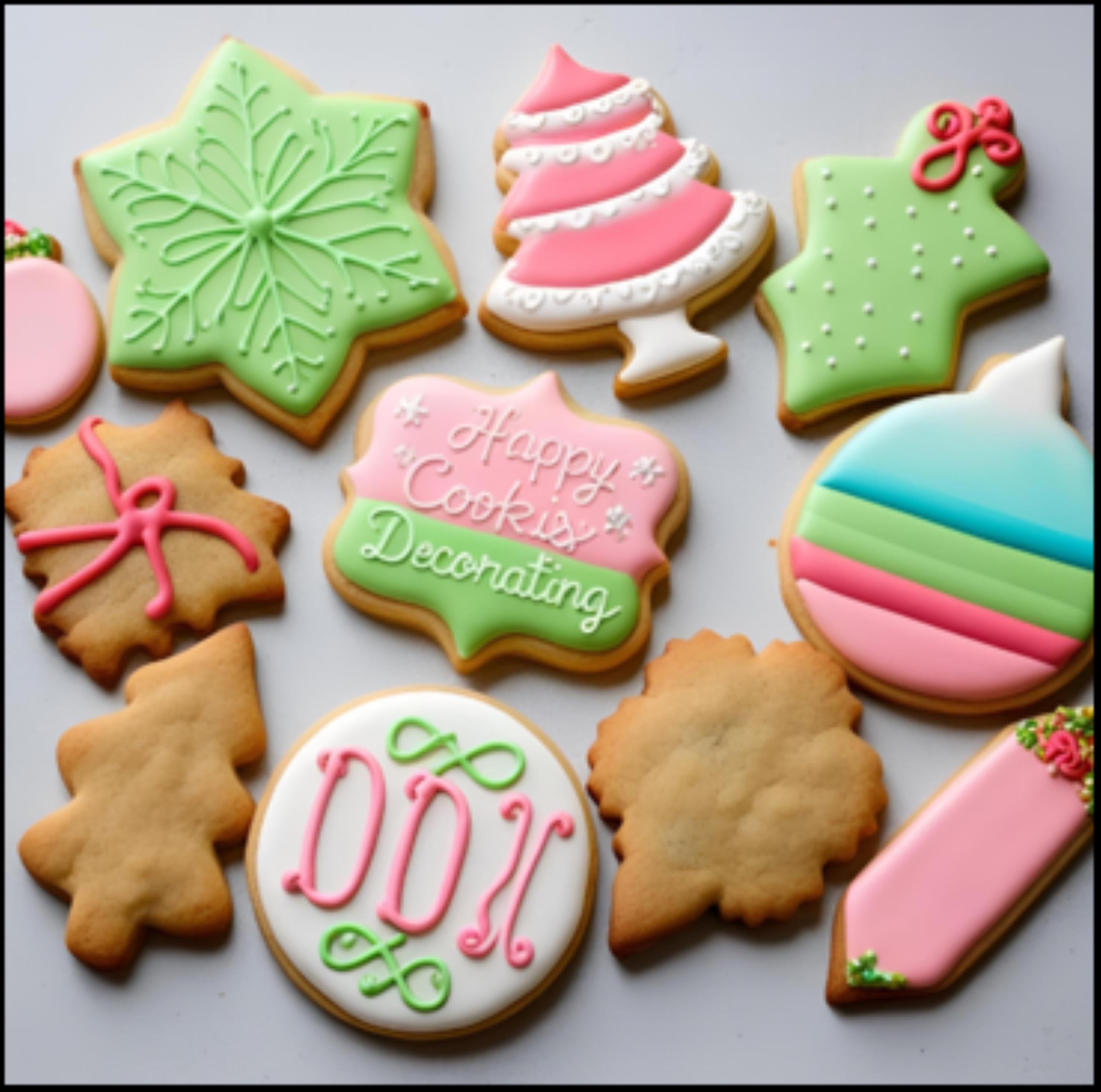 Assorted pastel iced holiday sugar cookies decorated with writing and designs using edible food markers for baking