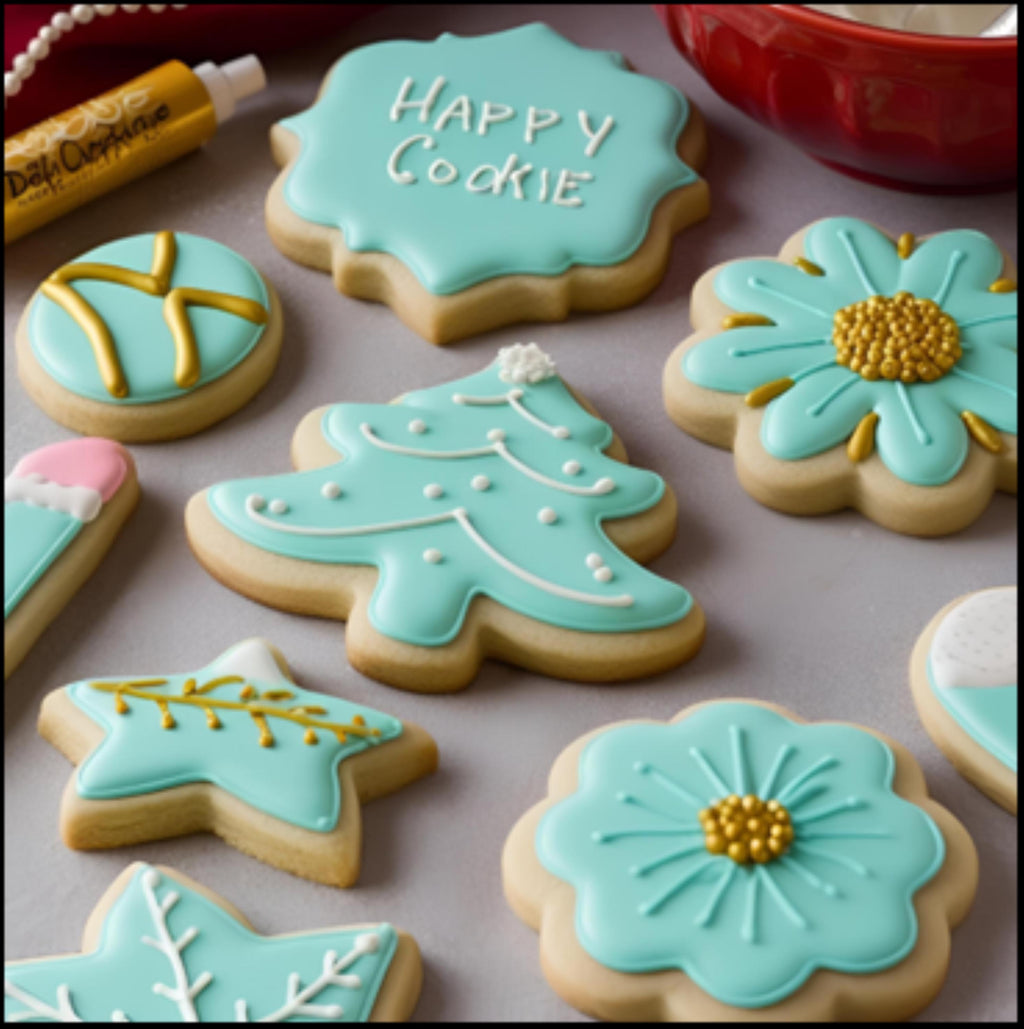 Assorted turquoise iced sugar cookies with white and gold details and Happy Cookie text showcasing edible food markers for baking