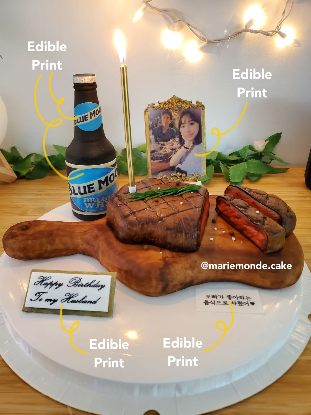 Steak shaped fondant cake with beer bottle framed photo and edible prints on plaque Canon edible ink bundle