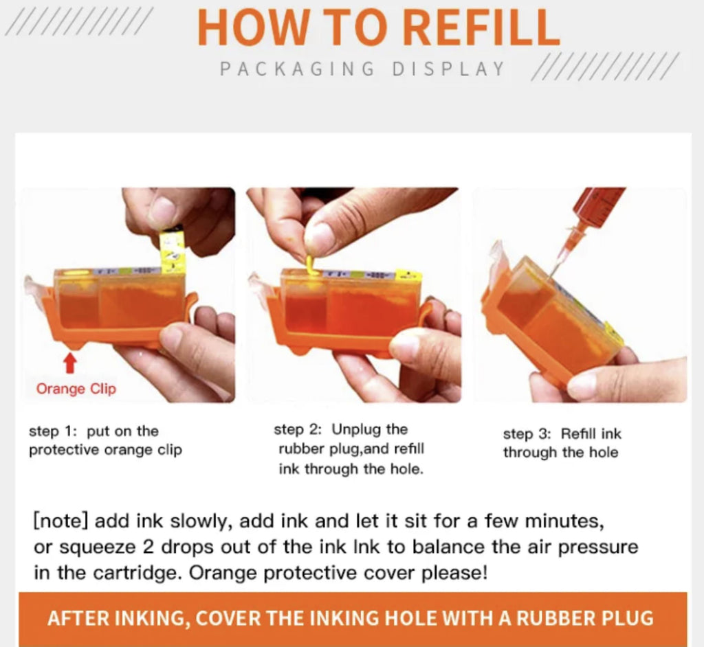Canon edible ink bundle refill tutorial showing hands refilling an orange ink cartridge step by step