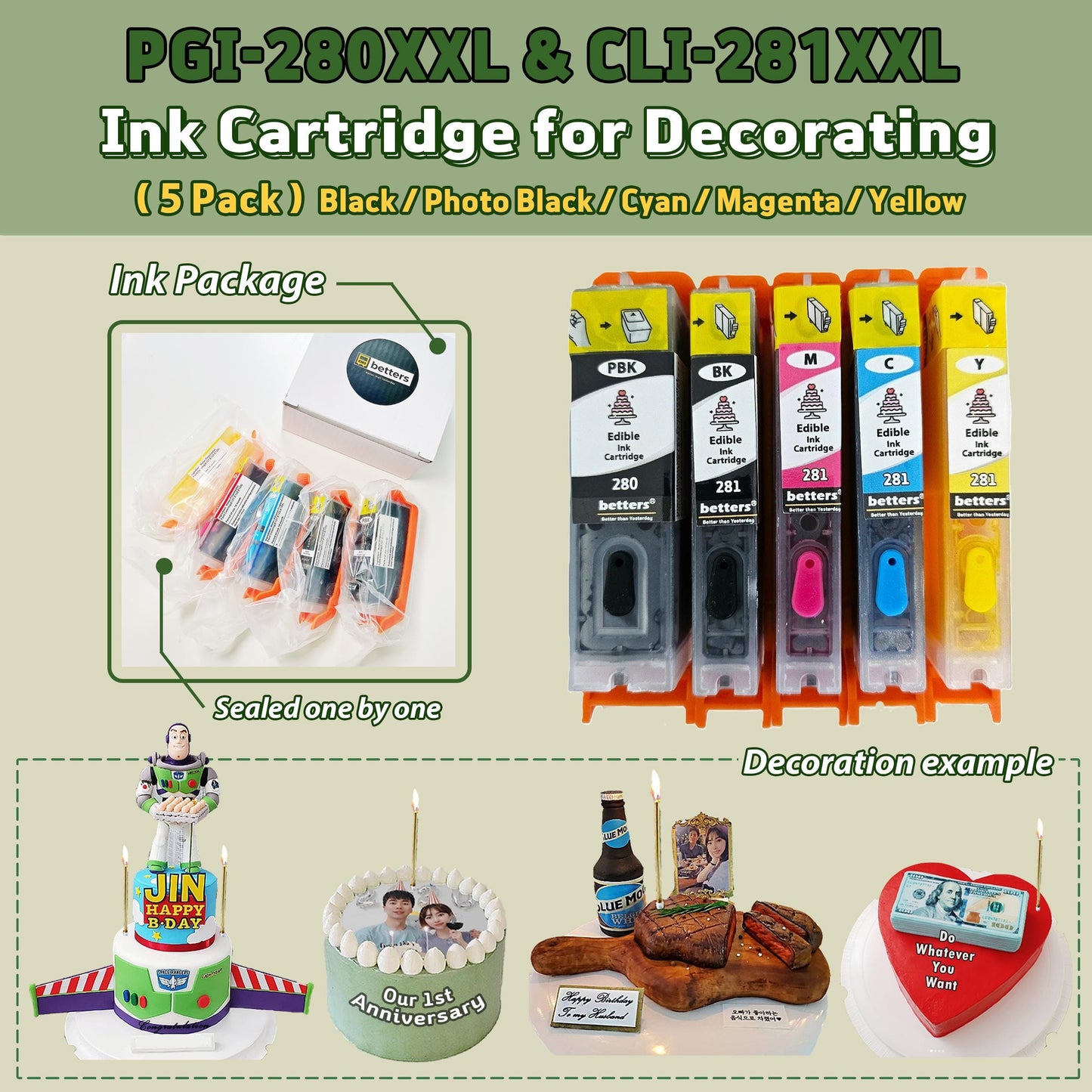 Canon edible ink bundle 5 pack PGI 280XXL CLI 281XXL cartridges for edible cake photo printing
