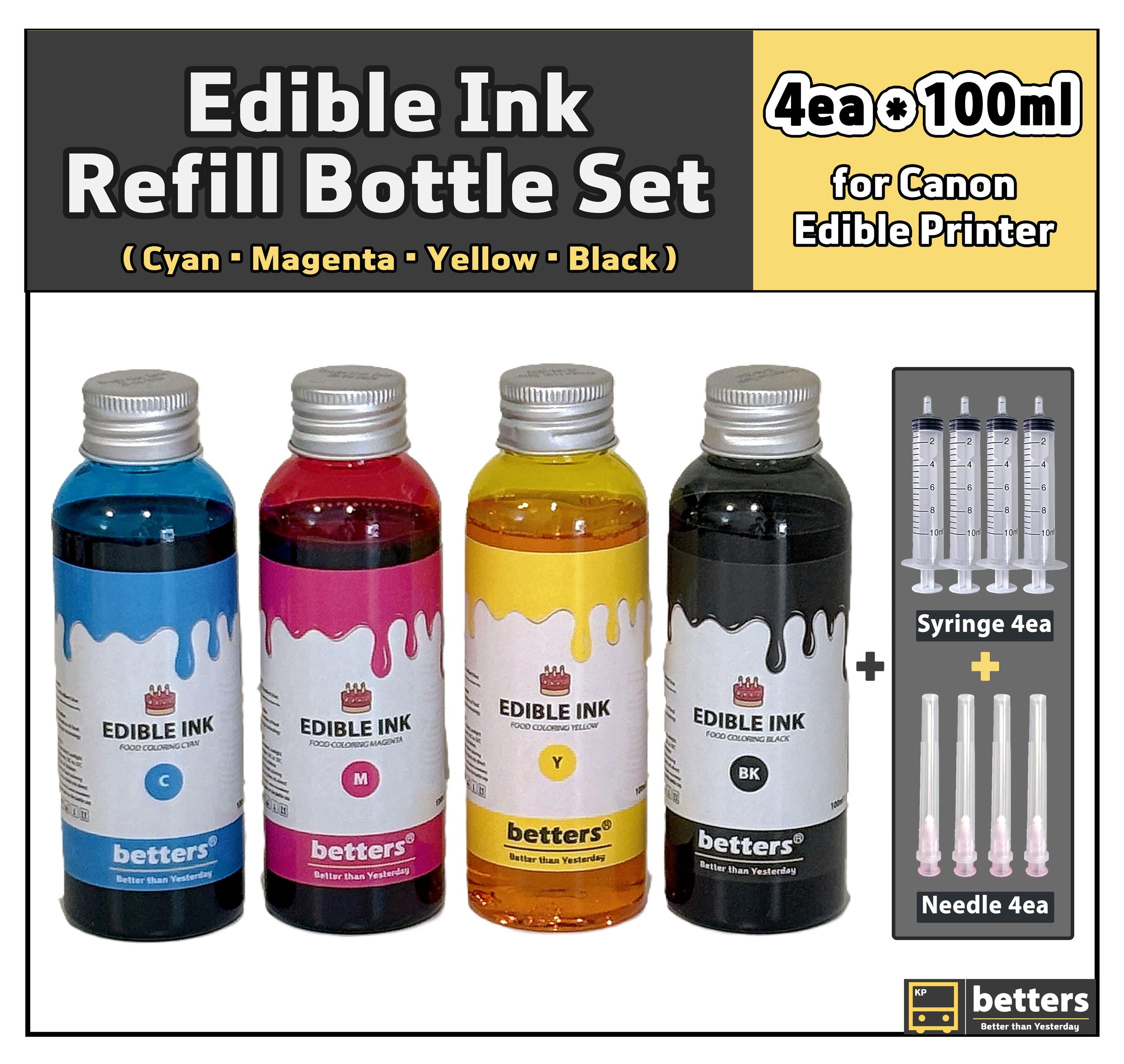 Betters shop edible ink refill set four 100ml bottles cyan magenta yellow black with syringes and needles for Canon