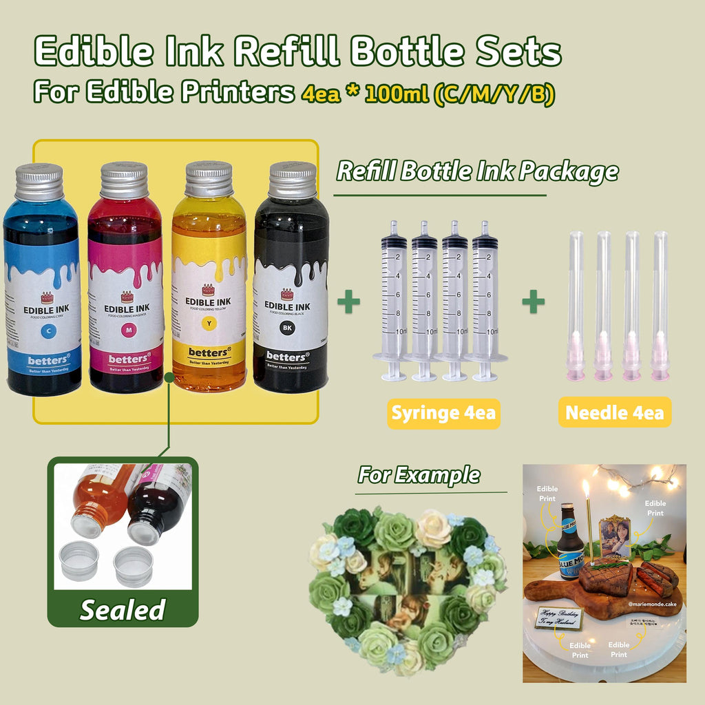 Betters shop edible ink refill set 4 bottles 100ml CMYK with syringes and needles for edible printers
