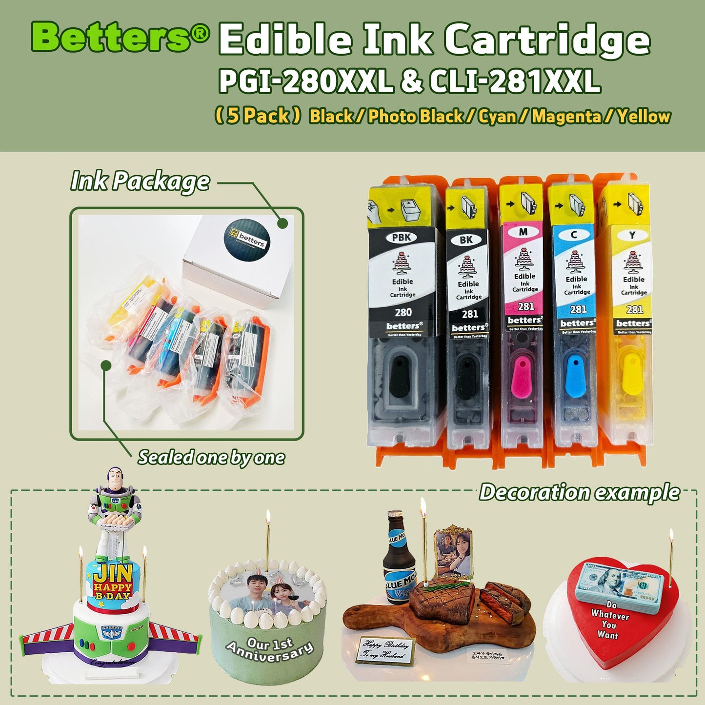 Betters edible ink cartridge set PGI280XXL CLI281XXL five pack black cyan magenta yellow, food-safe ink for cake decorating