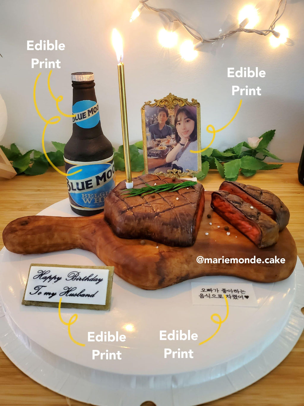 Birthday cake shaped like steak with beer bottle and portrait edible prints using food-safe ink for cake decorating