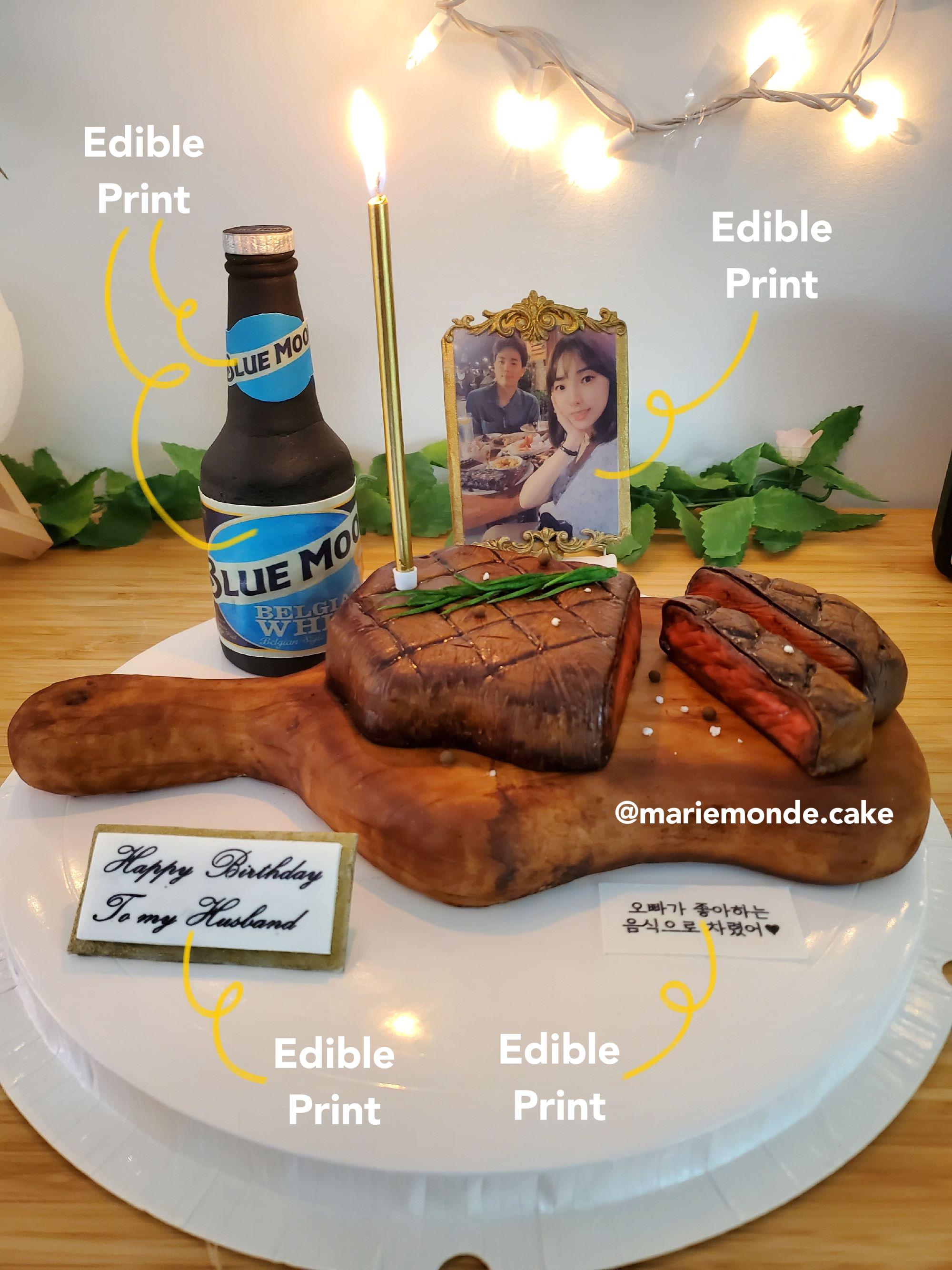 Birthday cake shaped like steak with beer bottle and portrait edible prints using food-safe ink for cake decorating