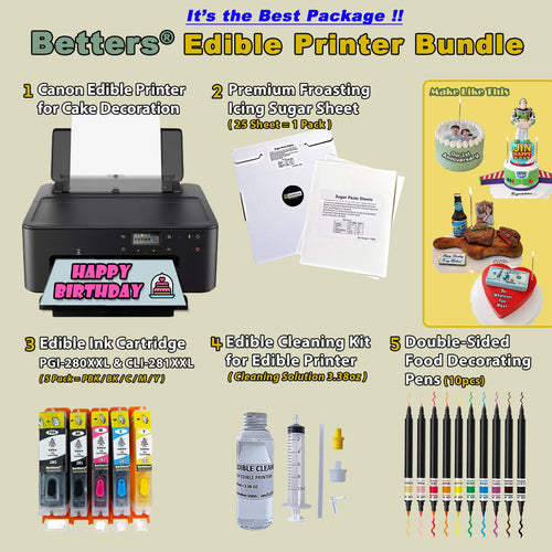 An edible printer bundle including a black Canon edible printer, a set of edible ink cartridges in various colors, a pack of 25 premium frosting sheets, a food safe print head cleaning kit, and multiple food coloring decoration markers.