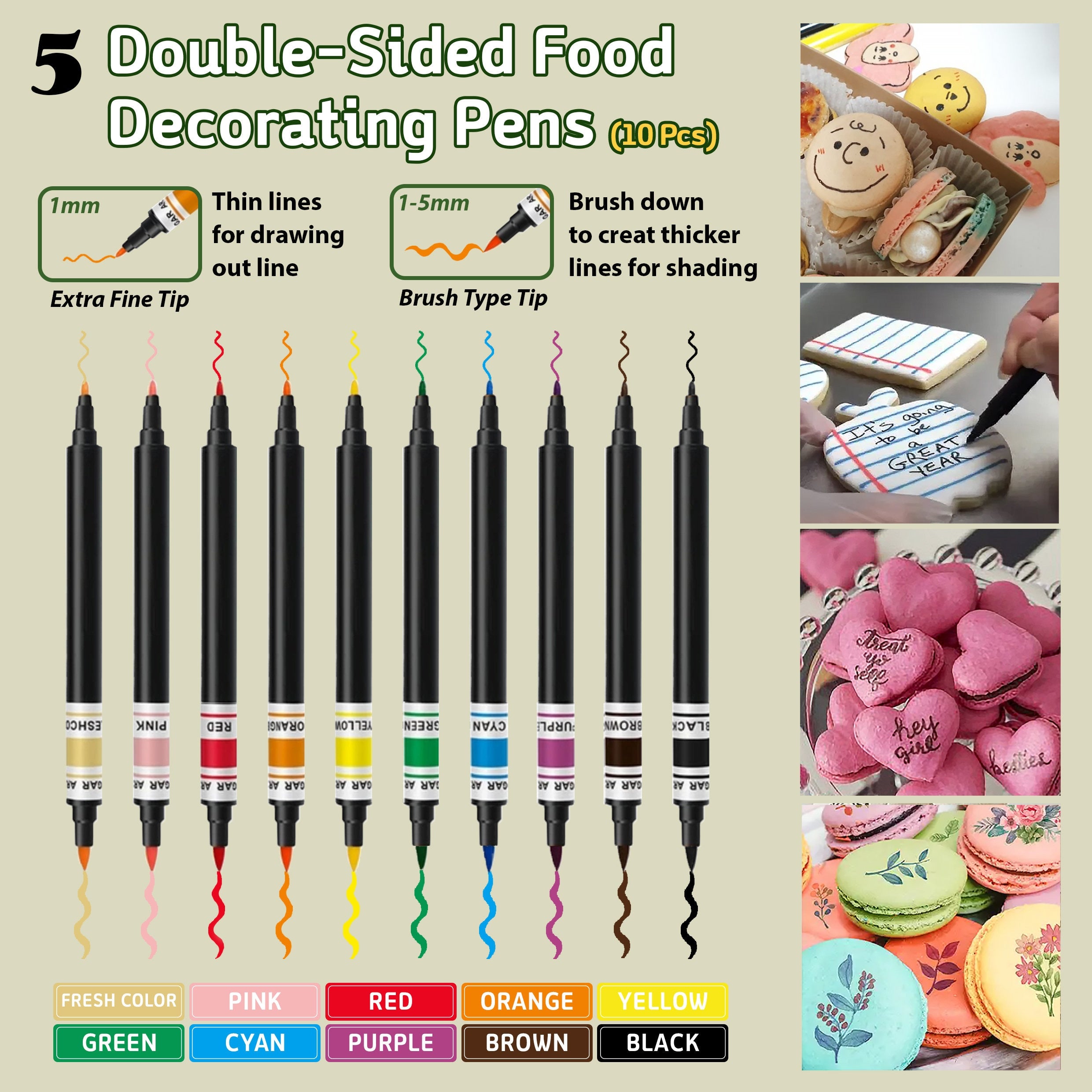 double-sided food decorating pens, 10 markers