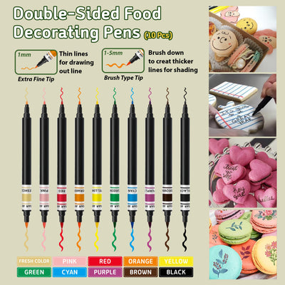 Edible Food Coloring Pens - 10 Pcs Double-Ended Markers for Cookie & Cake Decorating, Fondant Drawing Tools, DIY Baking Supplies, cake art