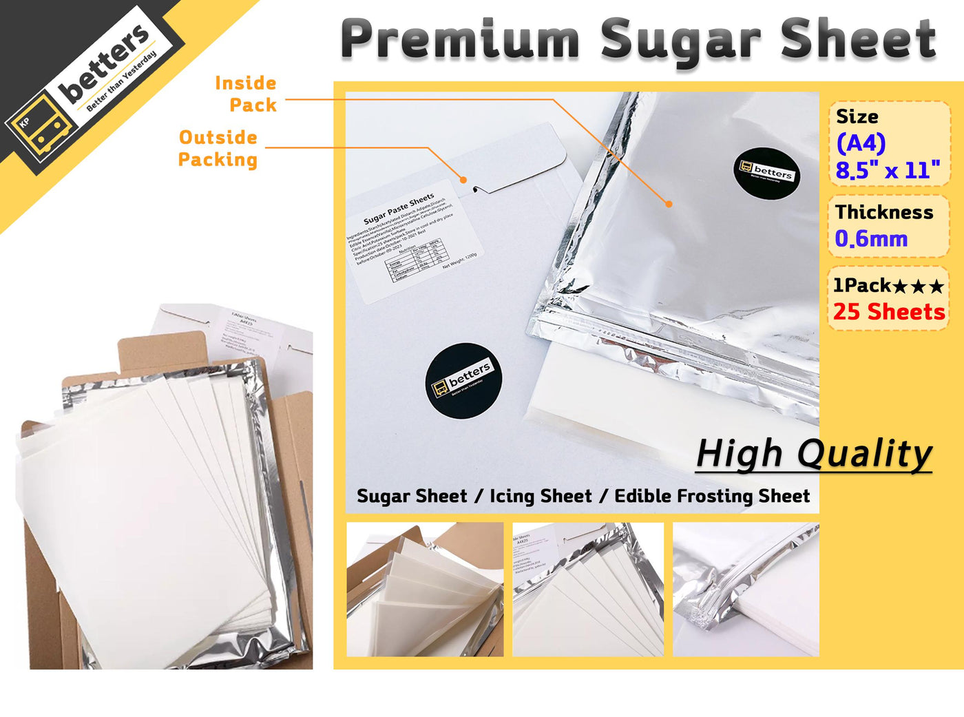 Edible Premium Sugar Frosting Sheets 25 Pack A4 Size 8.5x11 Icing Sheets for Edible Printers Edible Paper for Cakes Cookies Cupcakes Toppers